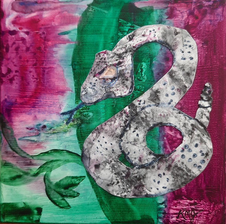 Artwork. Black snake on a red and green background.